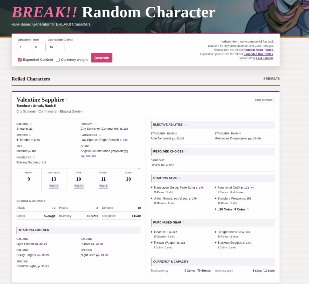 BREAK!! Random Character Generator Preview